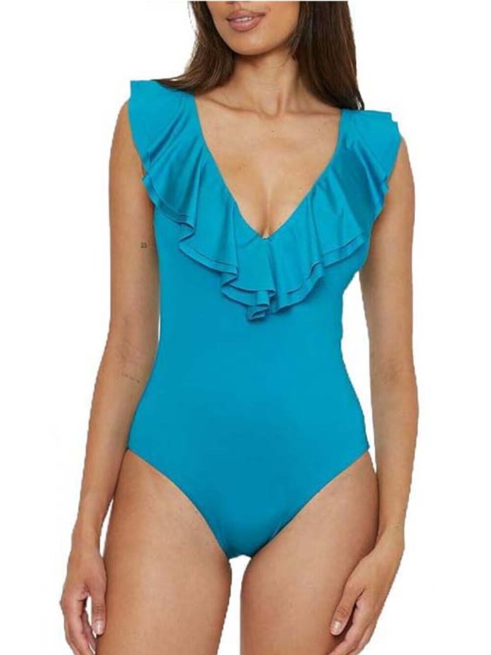 NWT Trina Turk Ruffle Plunge One Piece Swimsuit Teal 14